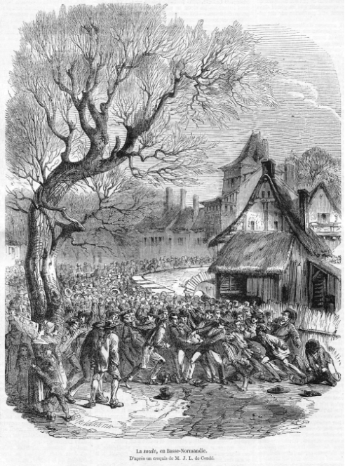 3: A similar game, La Soule, was known in France from the c12. This illustration is of a game played in Normandy in 1852. Source: Wikipedia.