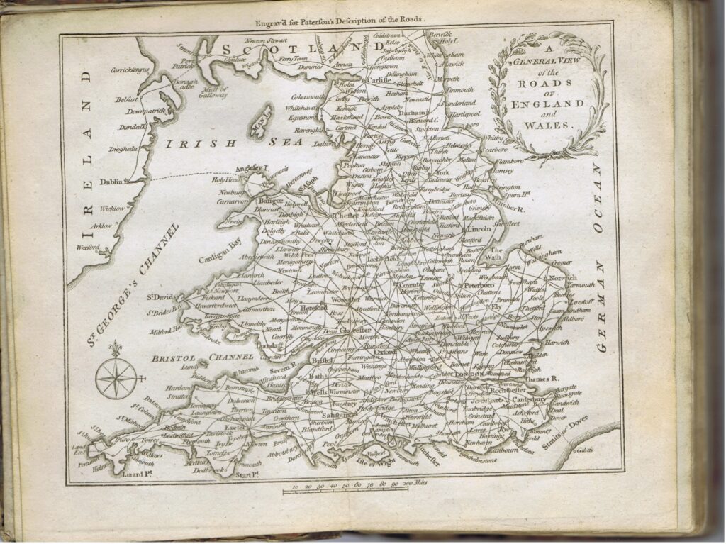 Map from ‘Paterson’s Roads’ showing major routes in the 18th Century.