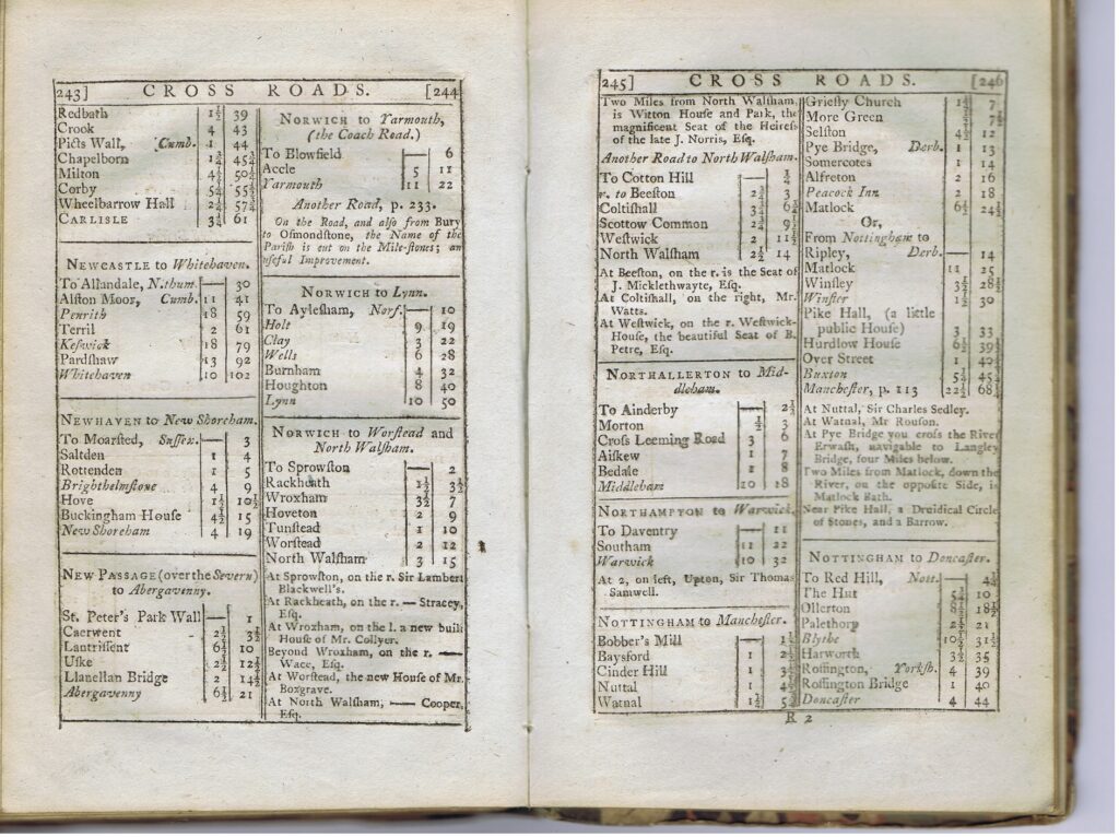 Pages from ‘Paterson’s Roads’ showing two routes from Norwich to North Walsham.