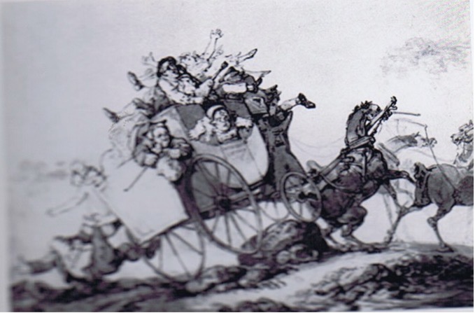 Horse drawn carriage about to have an accident with wheel hitting a rock