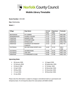 Norfolk County Council mobile Library timetable 20206 Coltishall, Horstead.