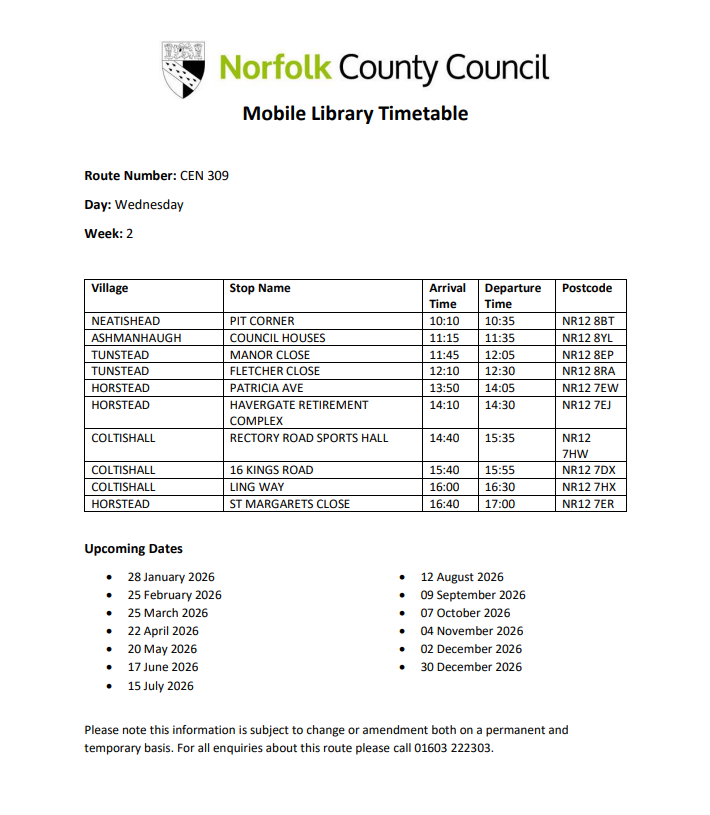 Norfolk County Council mobile Library timetable 20206