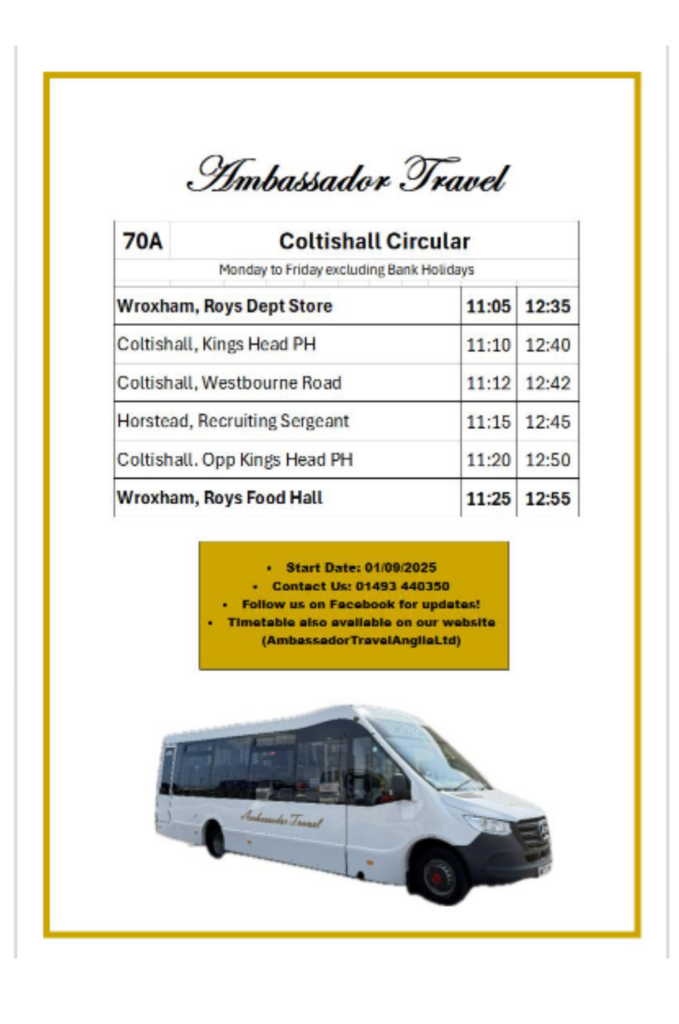 Coltishall Circular bus timetable 70A run by Ambassador Travel