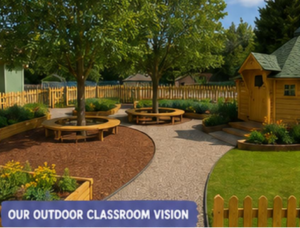 A computer graphic of a perfect outdoor classroom, wooden hut, grass, benches around trees, raised flower beds, picket fencing, flowers.